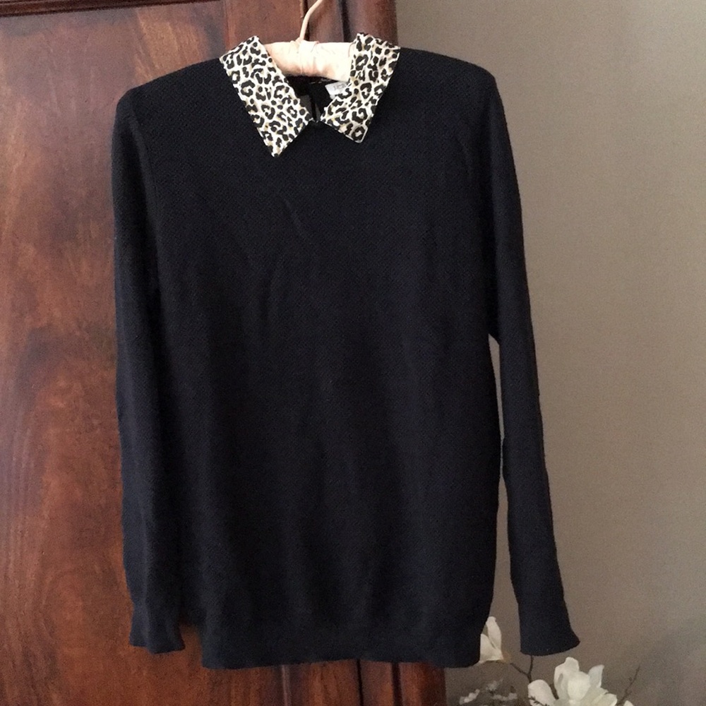 JCrew black sweater with animal print collar